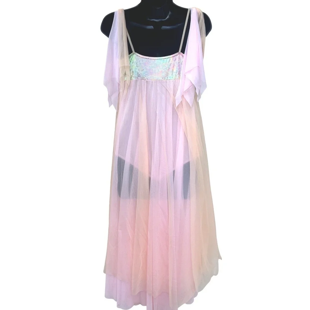 Holographic Sequin Lyrical Dance Costume Pink Peach Mesh Fairy Dress Leotard - Picture 6 of 7